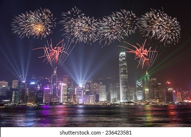 Fireworks Celebration At Hong Kong Victoria Bay View From Hong Kong Kowloon 