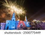 Fireworks at the celebrations for the anniversary of Arequipa with a view of the cathedral