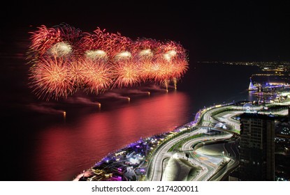 Fireworks at the corniche next to the formula 1 race circuit in Jeddah Saudi Arabia