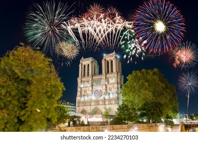 Fireworks display near Notre Dame cathedral in Paris. France - Powered by Shutterstock