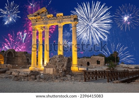 Fireworks display over the temple of Apollo in Side, Turkey