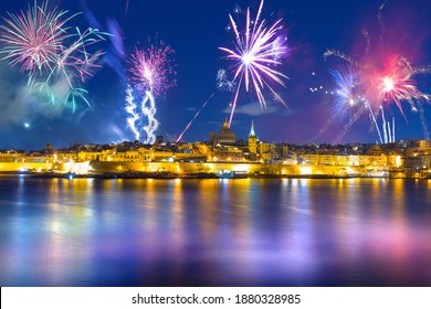 Fireworks Display Over The Valletta City, Capital Of Malta