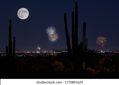 Fireworks During The Wolf Moon - 4th Of July Fireworks In Scottsdale, Arizona On The Evening Of A Wolf Moon