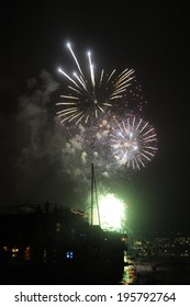 Fireworks Explode Over Puget Sound On The Fourth Of July In Seattle, Washington.