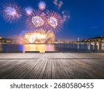 Fireworks exploding over Puget Sound, Seattle, Washington, United States.