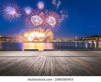 Fireworks exploding over Puget Sound, Seattle, Washington, United States.