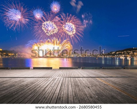 Fireworks exploding over Puget Sound, Seattle, Washington, United States.