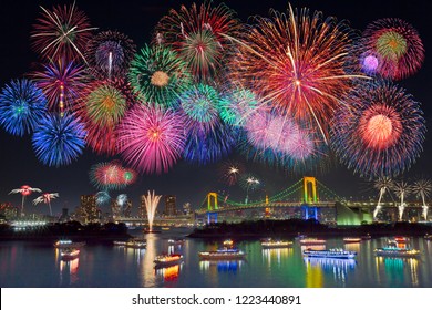 Fireworks Festival In Odaiba Of Tokyo, Japan. It Is A Venue For Olympic Tokyo 2020.