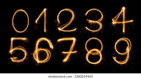 Fireworks numbers 0-9 Burning sparkler Numbers isolated on black background. Sparkler firework light alphabet number zero to nine. Numbers Alphabet of Sparklers to overlay on texture for happy design - Powered by Shutterstock