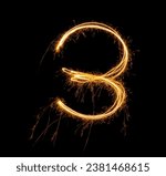 Fireworks numbers 3 Burning sparkler Numbers isolated on black background. Sparkler firework light alphabet 3 and number three. Numbers Alphabet of Sparklers