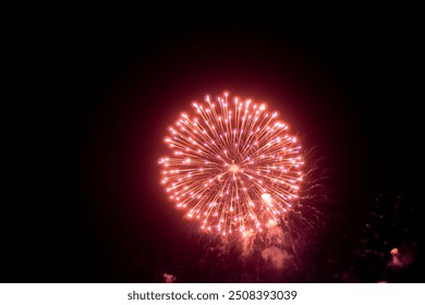 Fireworks on the dark sky background. Colorful fireworks from Loto Quebec in Quebec city, Canada. Abstract colored firework background with free space for text. fireworks light up the night sky - Powered by Shutterstock