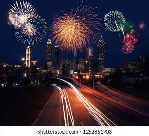 Fireworks Over Atlanta City Night Skyline, Georgia, USA