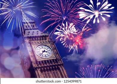  Fireworks Over Big Ben - New Year Celebrations In London, UK