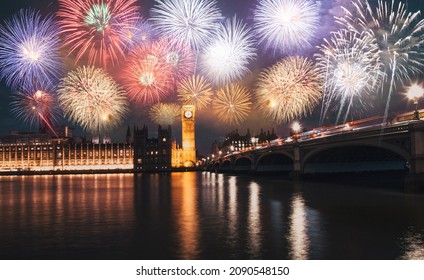 Fireworks Over Big Ben New Year Celebrations In London, UK