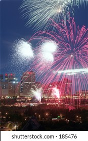 Fireworks Over The Edmonton, Alberta, Skyline During Canada Day Celebrations.