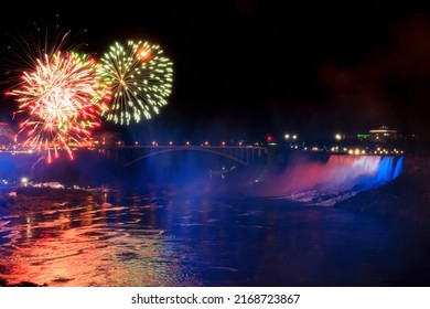 Fireworks Over Illuminated American Niagara Falls on Memorial Day