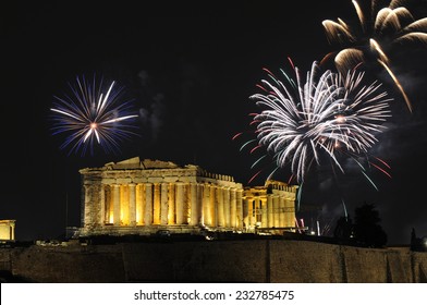 Fireworks over the Parthenon temple on the Acropolis of Athens for New Year celebration  