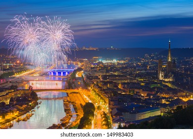 Fireworks Over Rouen In A Summer Night