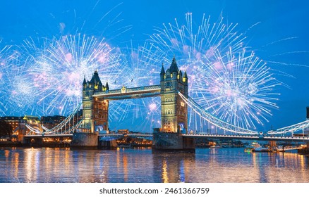 Fireworks over Tower Bridge and Tower of London on Thames river at twilight blue hour - London England - Powered by Shutterstock