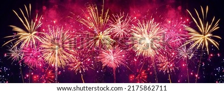 Fireworks pyrotechnics celebration party event festival holiday or New Year background panorama - Colorful firework on dark night sky