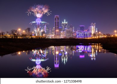 Fireworks At Reunion Tower, Dallas, Texas, USA. New Year Countdown Festival 2019