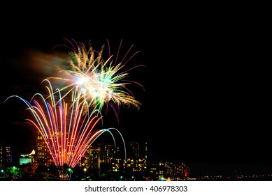 Fireworks in Waikiki in Honolulu, Hawaii, USA