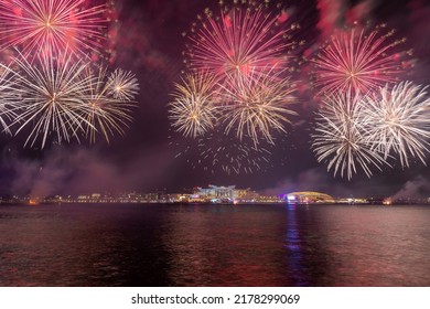 Fireworks In Yas Bay In Abu Dhabi Celebrating Public Holiday