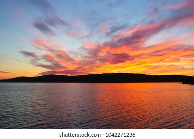 Firey Sunset In The Broughton Archipelago Over Johnstone Strait.