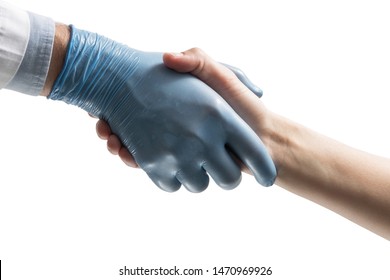 A firm handshake between doctor and patient. Image on isolated white background. Concept of salvation, donorship, helping hand.