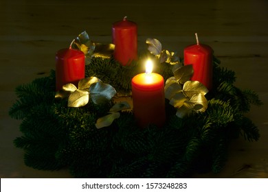 First Advent, Advent wreath with one burning candle, copy space