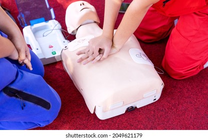 First aid and CPR class using automated external defibrillator device - AED
