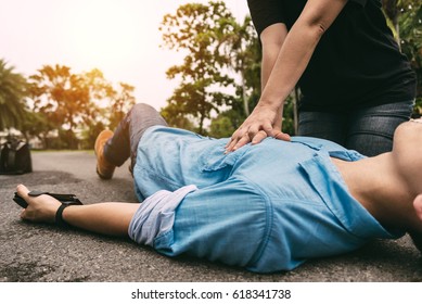 First Aid Emergency CPR on Heart Attack Man , One Part of the Process Resuscitation - Healthcare Concept - Shutterstock ID 618341738