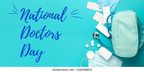 First Aid Kit With Drugs On Blue Background. National Doctors Day