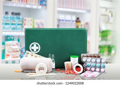 First Aid Kit  With Medical Supplies On Light Background