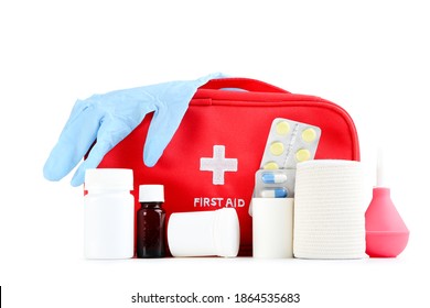 First Aid Kit With Medical Supplies Isolated On White Background