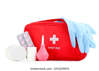 First Aid Kit With Medical Supplies Isolated On White Background