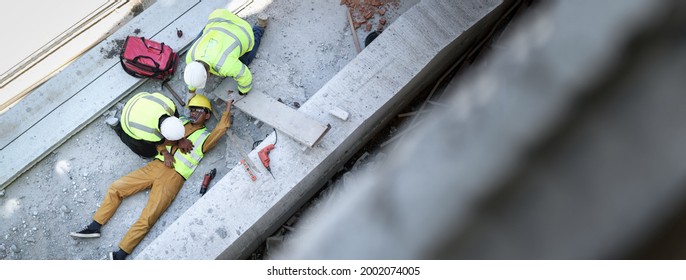 First Aid, Start Compressions Using Both Hands, Life-saving And Rescue Methods After Unconscious. Accident At Work In Construction Job Of Worker Near Construct Building. Banner With Copy Space