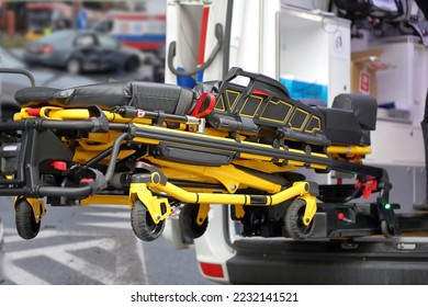 First aid stretcher and ambulance at road accident - Shutterstock ID 2232141521