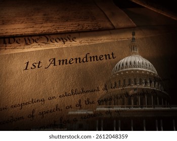 First Amendment of the US Constitution text and United States Capitol building       
