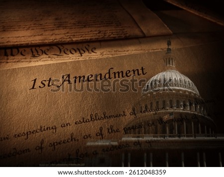 First Amendment of the US Constitution text and United States Capitol building       