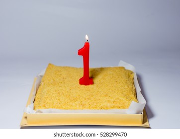 First Anniversary. One Birthday Cake With Number 1 Candle