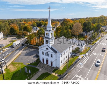 First Baptist Church aerial view in fall on Main Street in historic town center of Bellingham, Norfolk County, Massachusetts MA, USA. 
