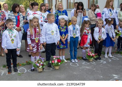 the first bell for first-graders,September 3, 2018 Ukraine Nova Skvaryava,Ukrainian children in the school yard on the first bell