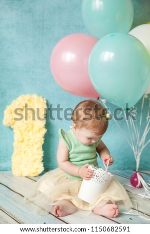 First Birthday Baby Girl Mint Yellow Stock Photo Edit Now