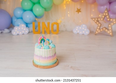 First Birthday Smashcake Photo Session With A Rainbow Of Balloons And A Cake In A Photo Studio