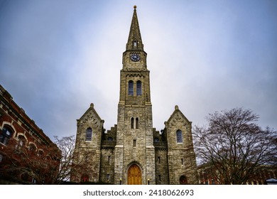 The First Congregational Church, a Gothic Revival-style architecture built in 1853 in Downtown New London Historic District, Connecticut, photo taken on December 28, 2023 prior to steeple collapse. - Powered by Shutterstock