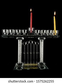 The First Day Hanukkah Menorah Crystal Lamp That Is Lit For Eight Days Of Hanukkah On A Black Background