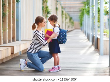 first day at school. mother leads a little child school girl in first grade - Shutterstock ID 1135645004