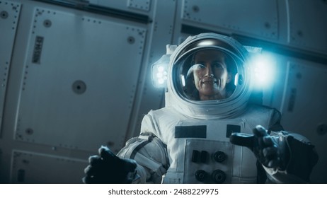 First Female Astronaut Landed on the Moon. Close-Up of a Beautiful Female Astronaut Standing in Space, Looking at Blue Planet Earth. Blue Planet Reflecting in Her Helmet. Space Travel Concept - Powered by Shutterstock