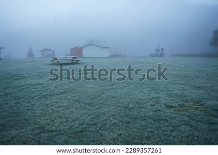 First frost of the season in the Norwegian autumn, a frozen grass field with a table and fog in the background. Taken in Norway - Oct 22